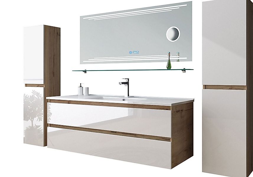 Homeline Badmöbel-Set Leonard badmöbel Set Eiche/Weiß Kosmetik Spiegel 60 9 günstig online kaufen