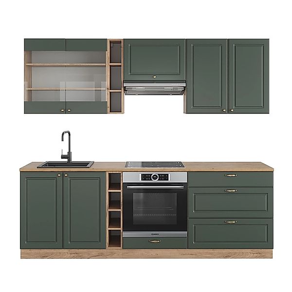 Vicco Fame-Line Küchenzeile Grün-Gold Landhaus/Goldkraft Eiche 235 cm AP Ei günstig online kaufen