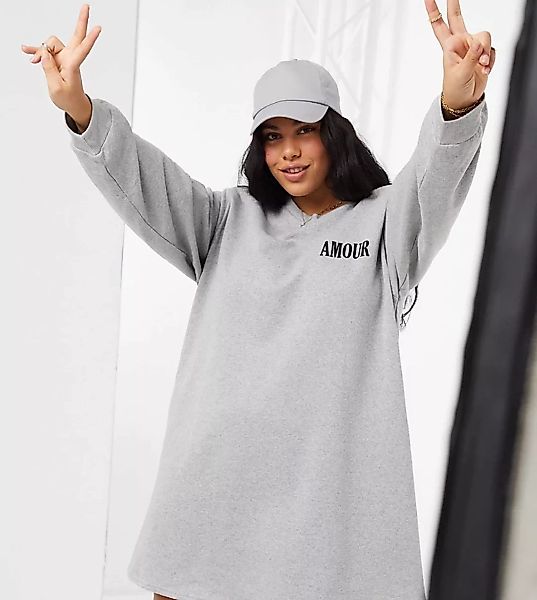 ASOS DESIGN Curve – Graues Mini-Sweatshirtkleid mit Schulterpolstern und Am günstig online kaufen