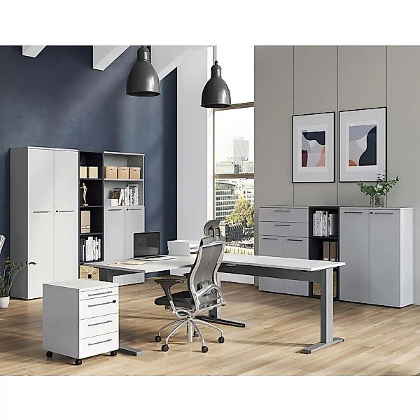 Arbeitszimmer Büromöbel Set mit Winkelschreibtisch AURAY-01 in Lichtgrau mi günstig online kaufen