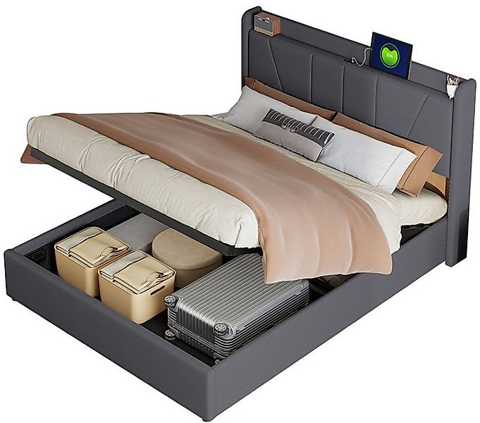 FUROKOY Polsterbett Doppelbett Stauraumbett Hydraulisch anhebbarer mit LED günstig online kaufen