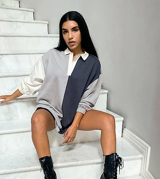 ASOS DESIGN Petite – Kurzes Oversize-Sweatshirt-Kleid mit Colourblock-desig günstig online kaufen