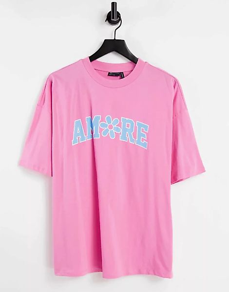 ASOS DESIGN – Oversize-T-Shirt in leuchtendem Rosa mit Amore-Grafik günstig online kaufen