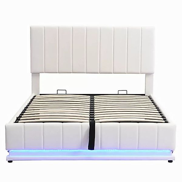 Celya Polsterbett Doppelbett 140x200cm mit LED, Metalllattenrost & Bettkast günstig online kaufen