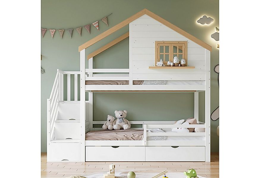 Flieks Etagenbett, Kinderbett Hausbett 90x200cm mit 2 Schubladen, Fenster, günstig online kaufen