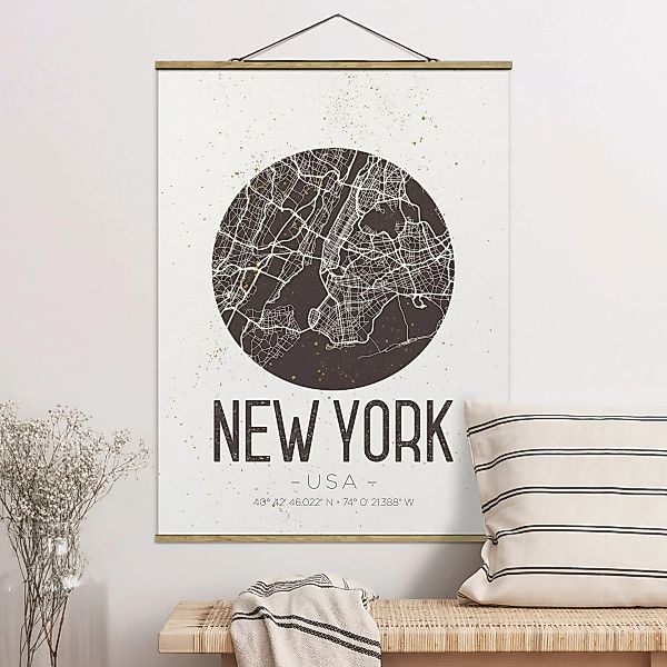 Stoffbild Karten mit Posterleisten - Hochformat Stadtplan New York - Retro günstig online kaufen