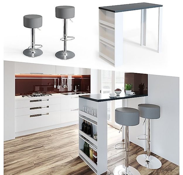 Vicco Bartisch, Weiß/Anthrazit, 117 x 57 cm mit 2 Barhockern günstig online kaufen