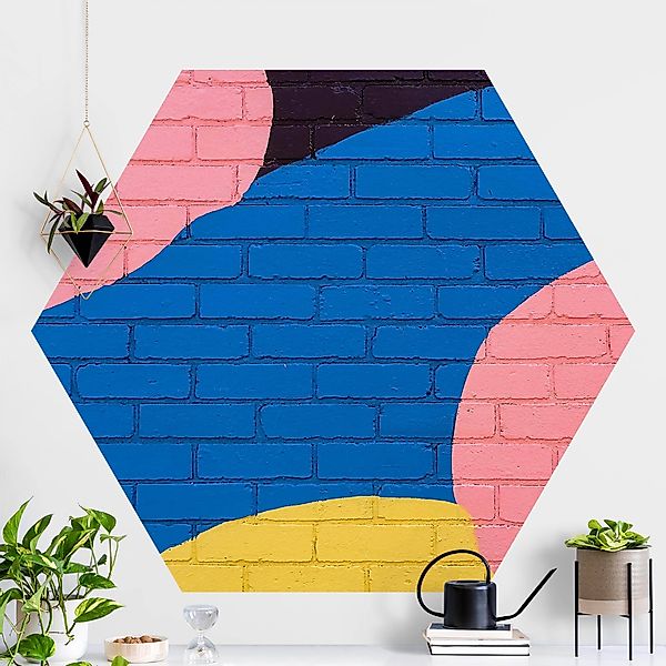 Hexagon Mustertapete Bunte Ziegelwand in Blau und Rosa günstig online kaufen