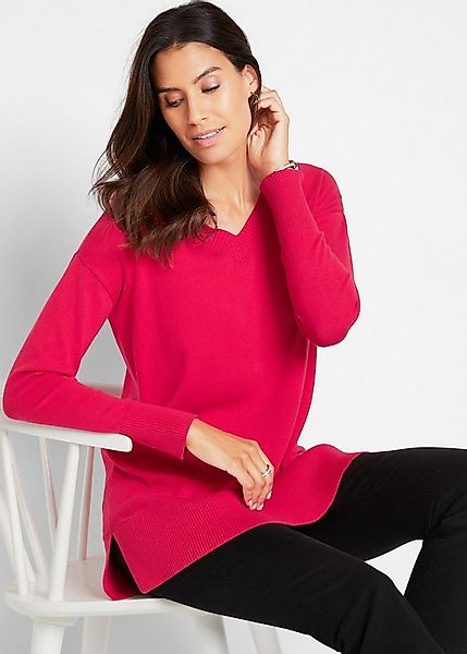 bonprix Longpullover Long-Pullover mit V-Ausschnitt und Seitenschlitzen günstig online kaufen
