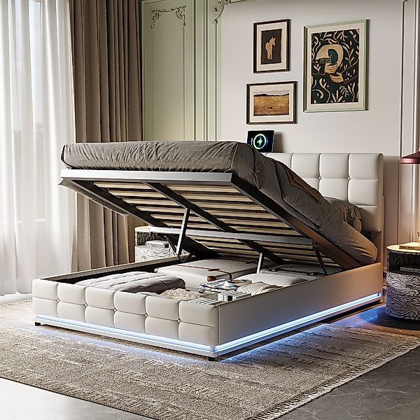 PXloue Polsterbett LED Doppelbett, Stauraumbett,inkl. Hydraulisch günstig online kaufen