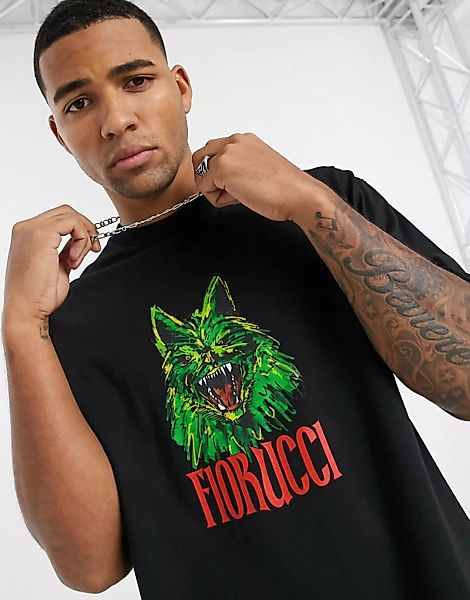 Fiorucci – Schwarzes T-Shirt mit Kojote-Motiv günstig online kaufen