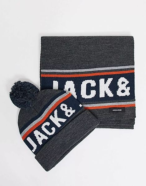 Jack & Jones – Mütze & Schal mit Logo in Grau im Geschenkset günstig online kaufen