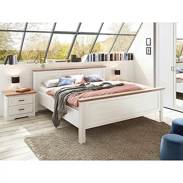 Schlafzimmer Set 3-teilig Bett 180x200cm Pinie weiß mit Eiche JÜLICH-77 günstig online kaufen