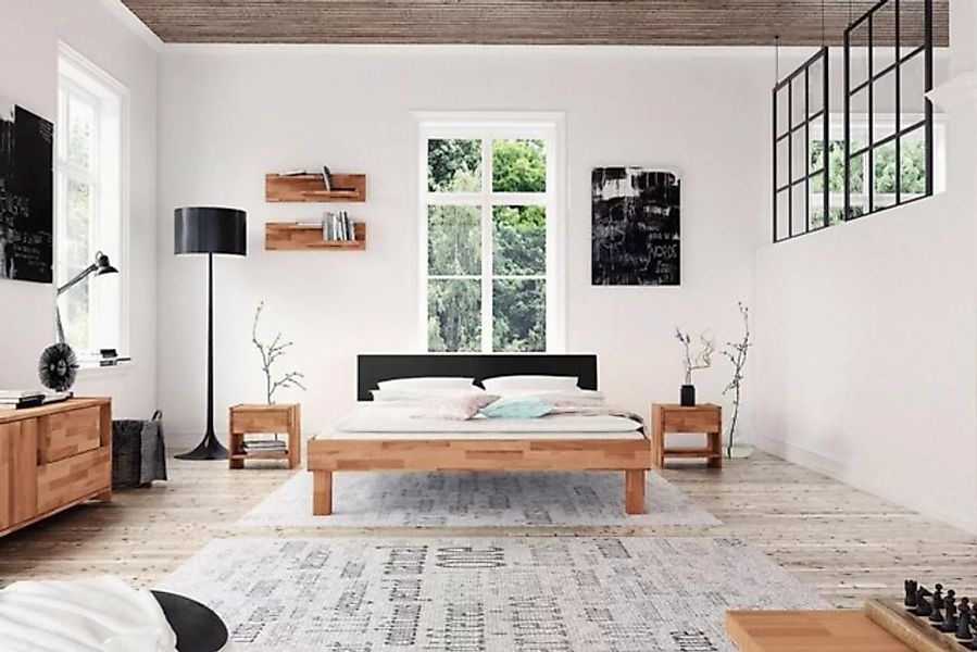 Natur24 Einzelbett Bett Zigo 2 Kernbuche 160x200 Kopfteil aus MDF Schwarz u günstig online kaufen