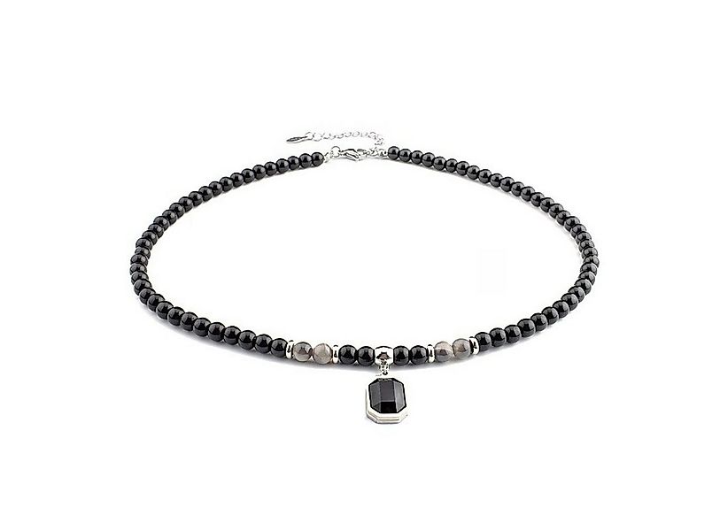 KARMA Perlenkette Schwarz Edelstahl 45 cm Perlen Tigerstein (Edelstahlkette günstig online kaufen