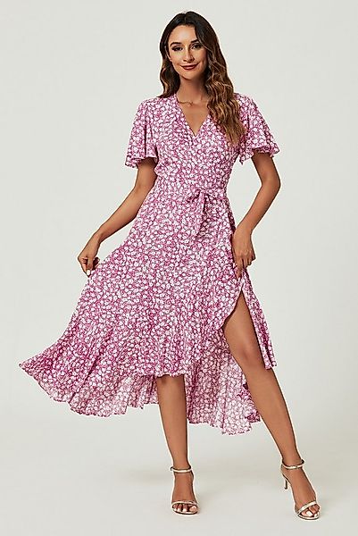 FS Collection Wickelkleid Damen Midi-Wickelkleid V-Ausschnitt mit Blumenmus günstig online kaufen