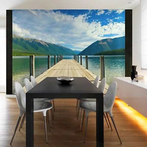 artgeist Fototapete Brücke am Bergsee mehrfarbig Gr. 300 x 231 günstig online kaufen