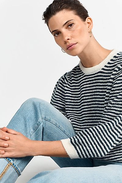 RICHROYAL Strickpullover, Kastiger Schnitt, Puffärmel, Rundhals, gestreift günstig online kaufen