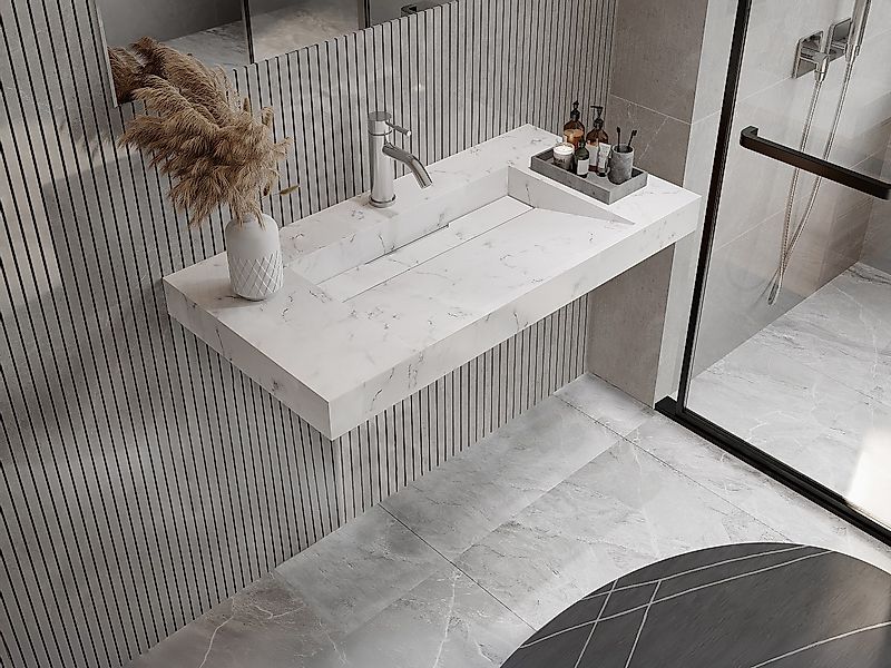 Waschbecken hängend - 90,2 x 45,2 x 8 cm - Solid Surface - Weiß - TAKOTNA günstig online kaufen