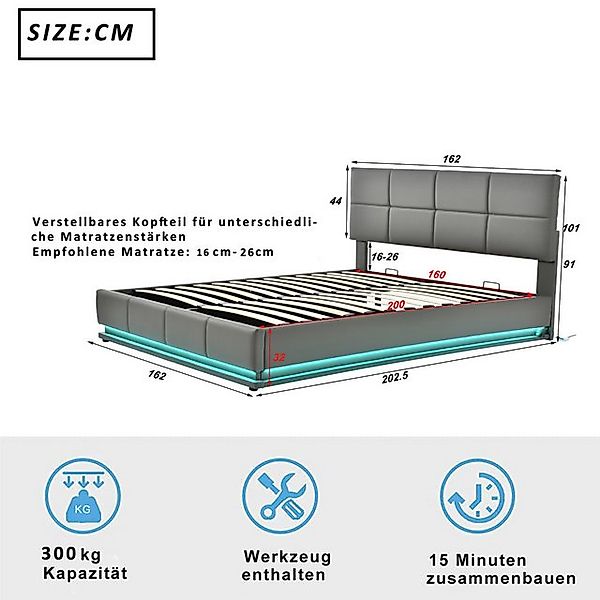 STILVORA Polsterbett 160x200 Jugendbett mit Matratze,Bett mit LED Beleuchtu günstig online kaufen