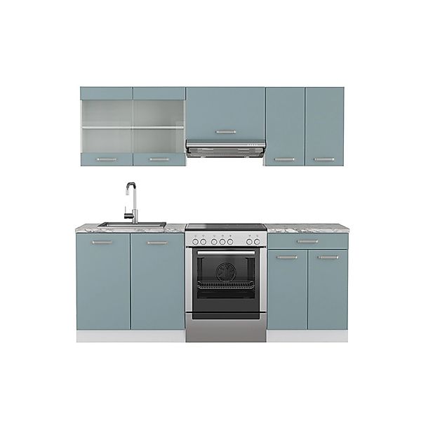 Vicco R-Line Küchenzeile Blau-Grau/Weiß 200 cm ohne Arbeitsplatte günstig online kaufen