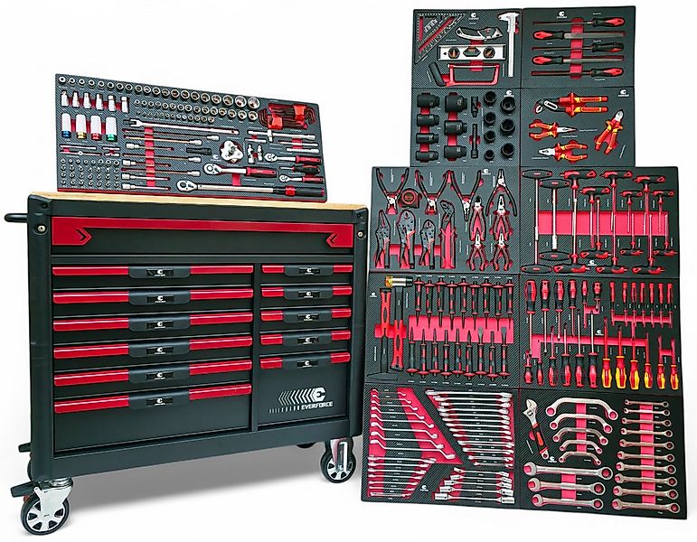 DeTec. Werkstattwagen Heavy Duty mit Holzplatte 12 Schubladen 11 befüllt We günstig online kaufen