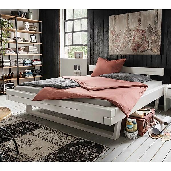 Weißes Balkenbett aus Kiefer Massivholz optionale Nachtkommoden günstig online kaufen