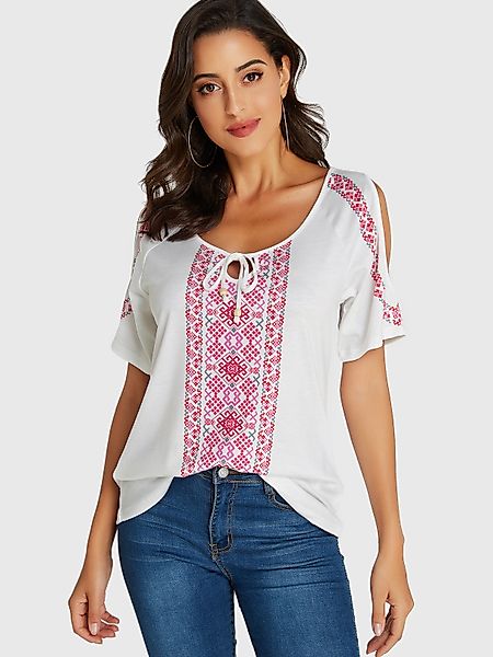 YOINS White Tribal Print T-Shirt mit kalter Schulterbindung günstig online kaufen