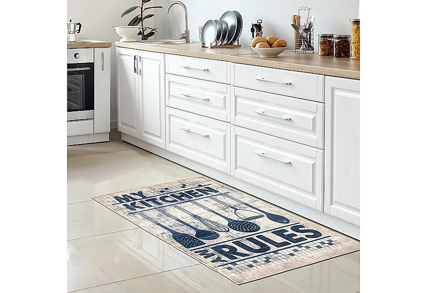 Carpetia Teppich Küchenläufer Teppich waschbar mit Kochutensilien und Schri günstig online kaufen