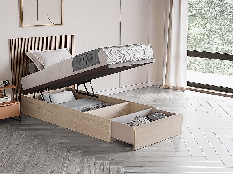 Bettgestell mit Bettkasten mit Schublade - 90 x 200 cm - Holzfarben hell - günstig online kaufen