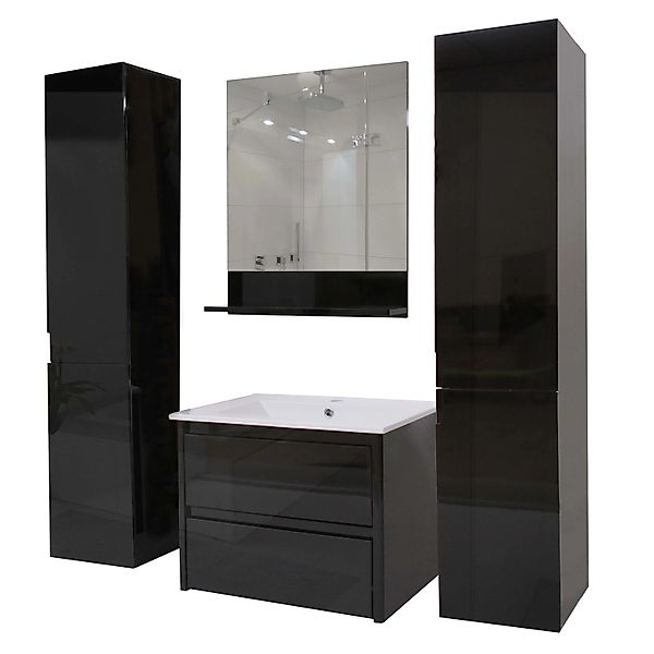 MCW Badezimmerset B19 Waschtisch Wandspiegel 2x Hängeschrank Hochglanz Schw günstig online kaufen