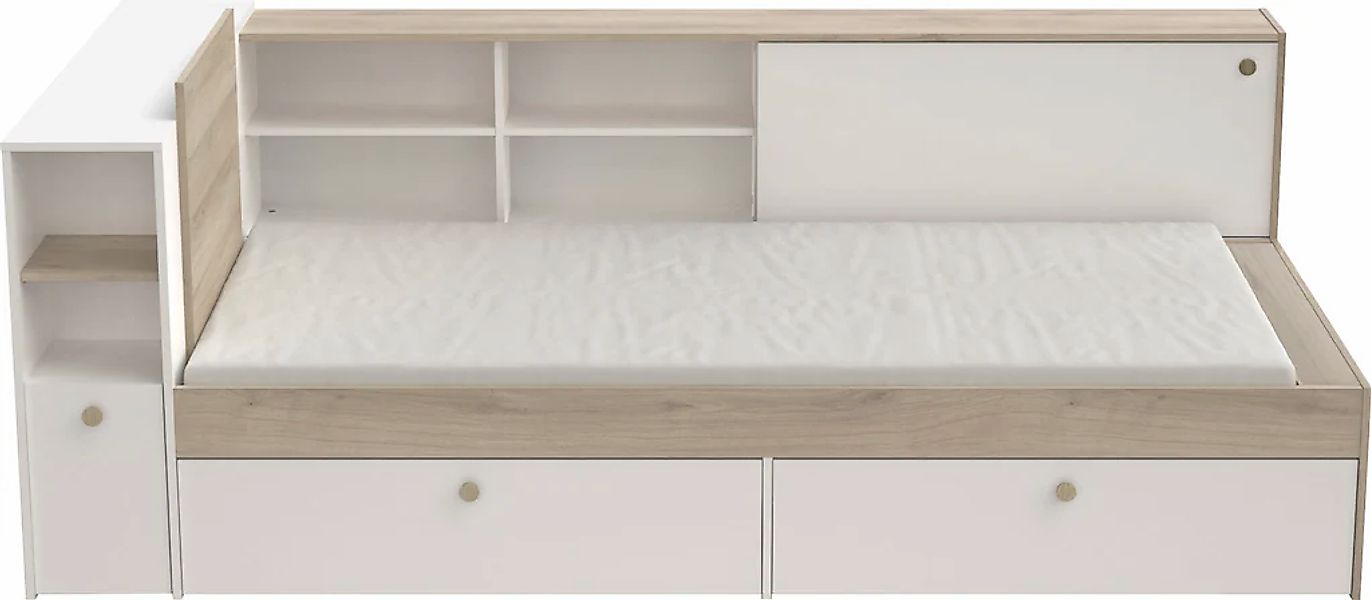 Kombi-Bett mit Stauraum - 90 x 190/200 cm - Weiß & Holzfarben - LIARA günstig online kaufen