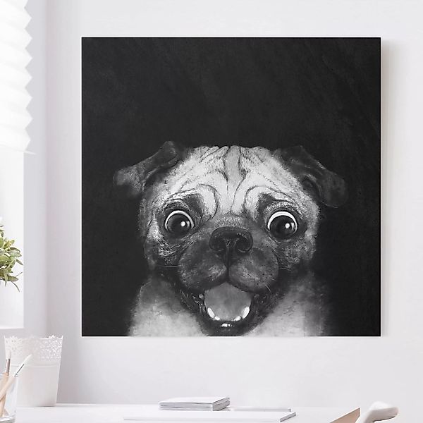 Leinwandbild - Quadrat Illustration Hund Mops Malerei auf Schwarz Weiß günstig online kaufen