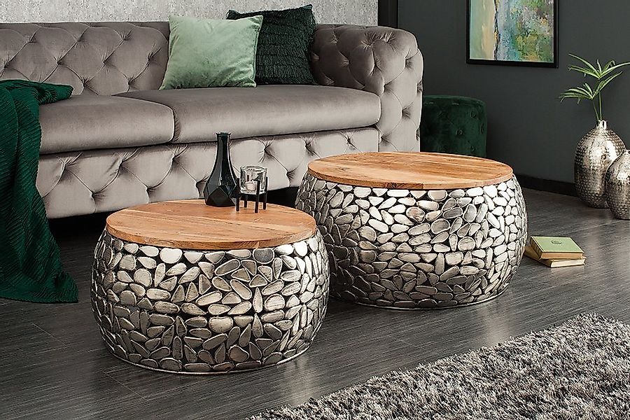 riess-ambiente Couchtisch STONE MOSAIC Ø65cm silber / natur (Set, 2-St), Wo günstig online kaufen