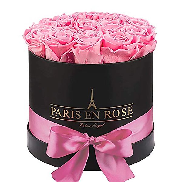 Rosenbox Ø 19 cm Schwarz mit Schleife und 14 Rosa Rosen günstig online kaufen
