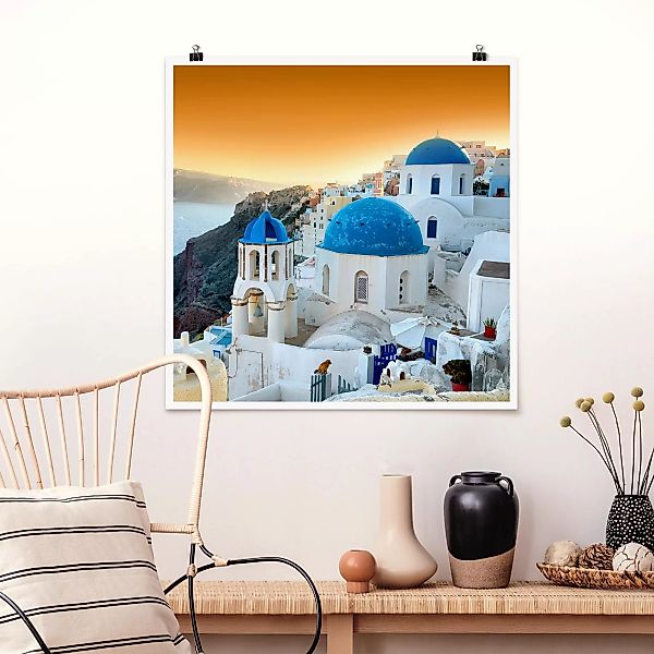 Poster Architektur & Skyline - Quadrat Sonnenuntergang über Santorin günstig online kaufen