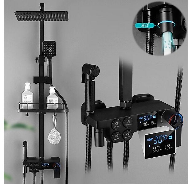 XERSEK Brausegarnitur Schwarz Duschsystem mit Thermostat Armatur Ablage LCD günstig online kaufen