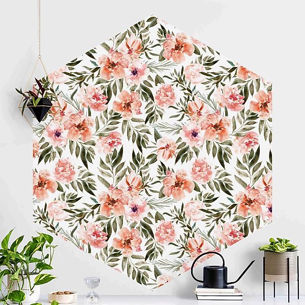 Hexagon Mustertapete Aquarell Rosa Blüten vor Weiß günstig online kaufen