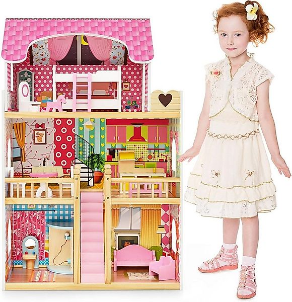KOMFOTTEU Puppenhaus, multifunktionales Dollhaus mit 6 Zimmer & komplettem günstig online kaufen