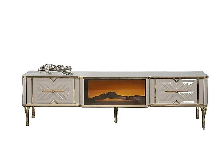 JVmoebel TV-Schrank Wohnzimmer RTV Lowboard Weiß + gold Kamin Luxus Exclusi günstig online kaufen