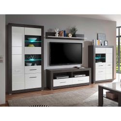 Wohnzimmerschrankwand in Weiß Hochglanz Beton Grau (vierteilig) günstig online kaufen