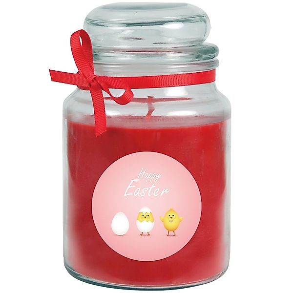 HS Candle Duftkerze & Glas Ostern Rot Bonbon 110h Küken günstig online kaufen