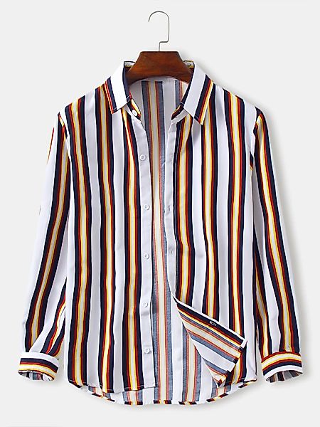 Herren Striped Print Casual Loose Revers Kragen Langarm Shirts günstig online kaufen