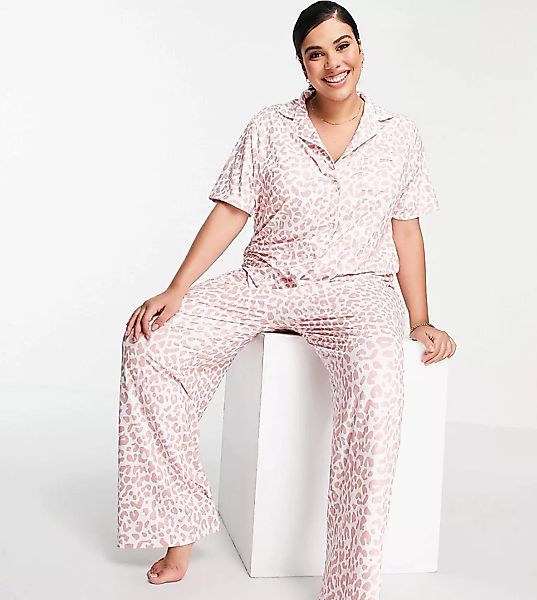 Loungeable Plus – Langes Pyjama-Set mit rosa Leopardenmuster-Mehrfarbig günstig online kaufen
