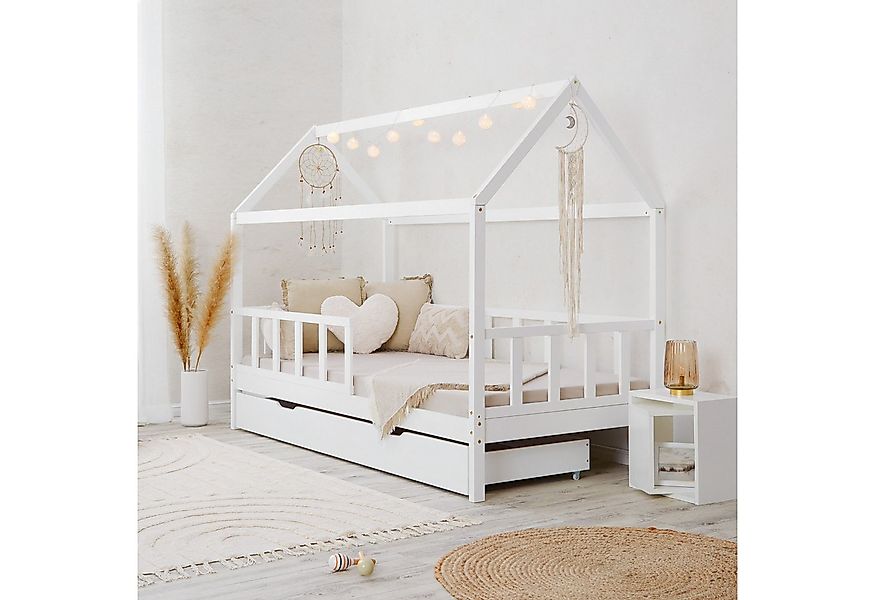 Homestyle4u Hausbett 90x200 Weiß Holz Rausfallschutz erhöht Kleinkind halbh günstig online kaufen