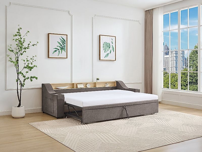 Ausziehbett - 2 x 80 x 200 cm - mit Stauraum & USB-Anschluss - Stoff - Taup günstig online kaufen