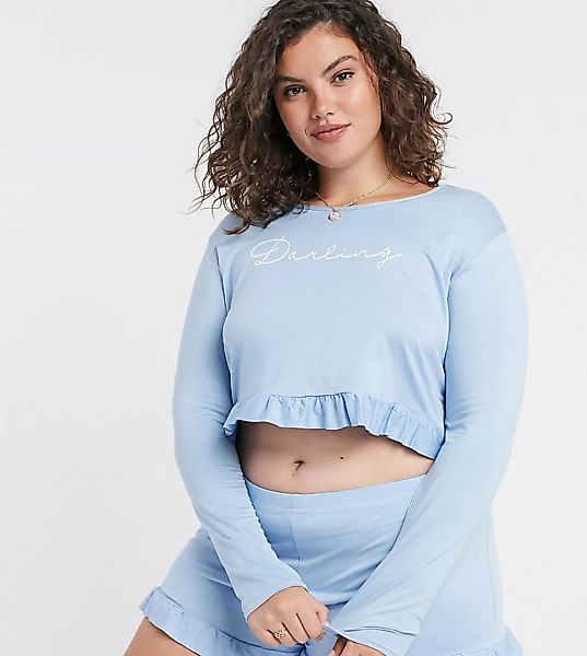 In The Style Plus x Billie Faiers – Blaues Pyjama-Set mit Shorts mit Rüsche günstig online kaufen