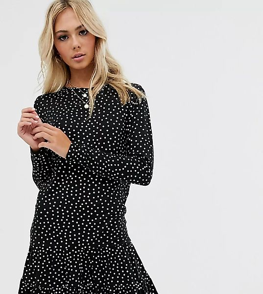 Wednesday's Girl – Langärmliges, gepunktetes Kleid mit Schößchen-Schwarz günstig online kaufen
