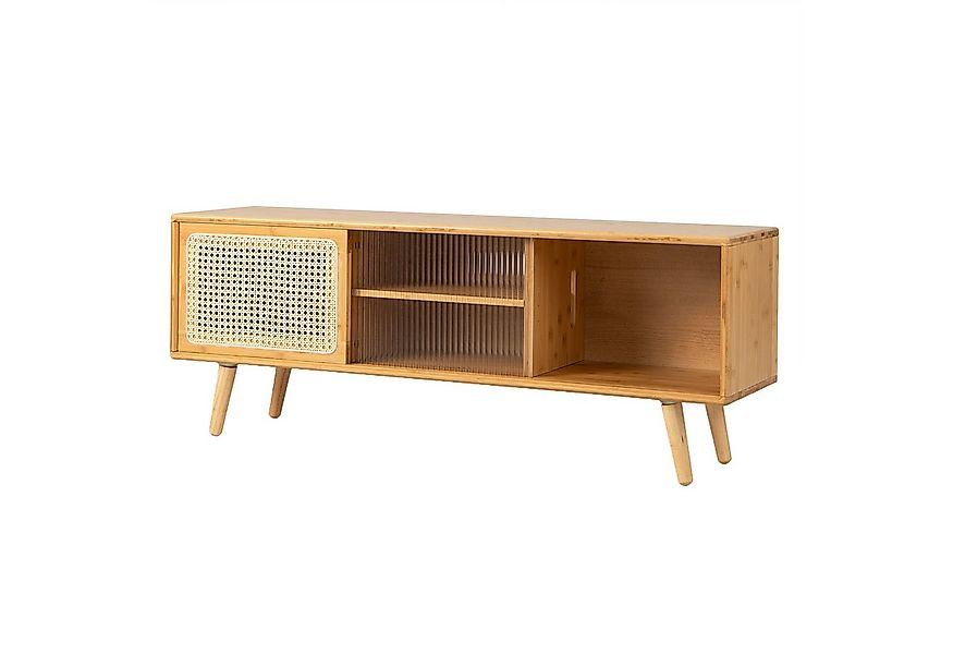 COSTWAY TV-Schrank 2 Schiebetüren, Glas und Bambus günstig online kaufen