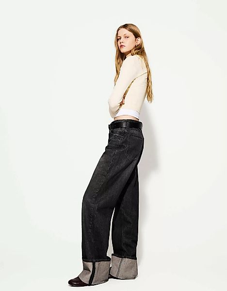 Bershka Wide-Leg-90'S-Jeans Mit Umgeschlagenem Saum Damen 42 Schwarz günstig online kaufen